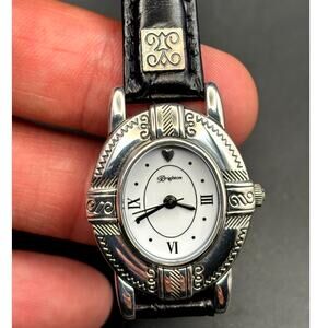 Brighton Moscow Women’s Silver Oval Black Italian Leather Vintage Watch NIB